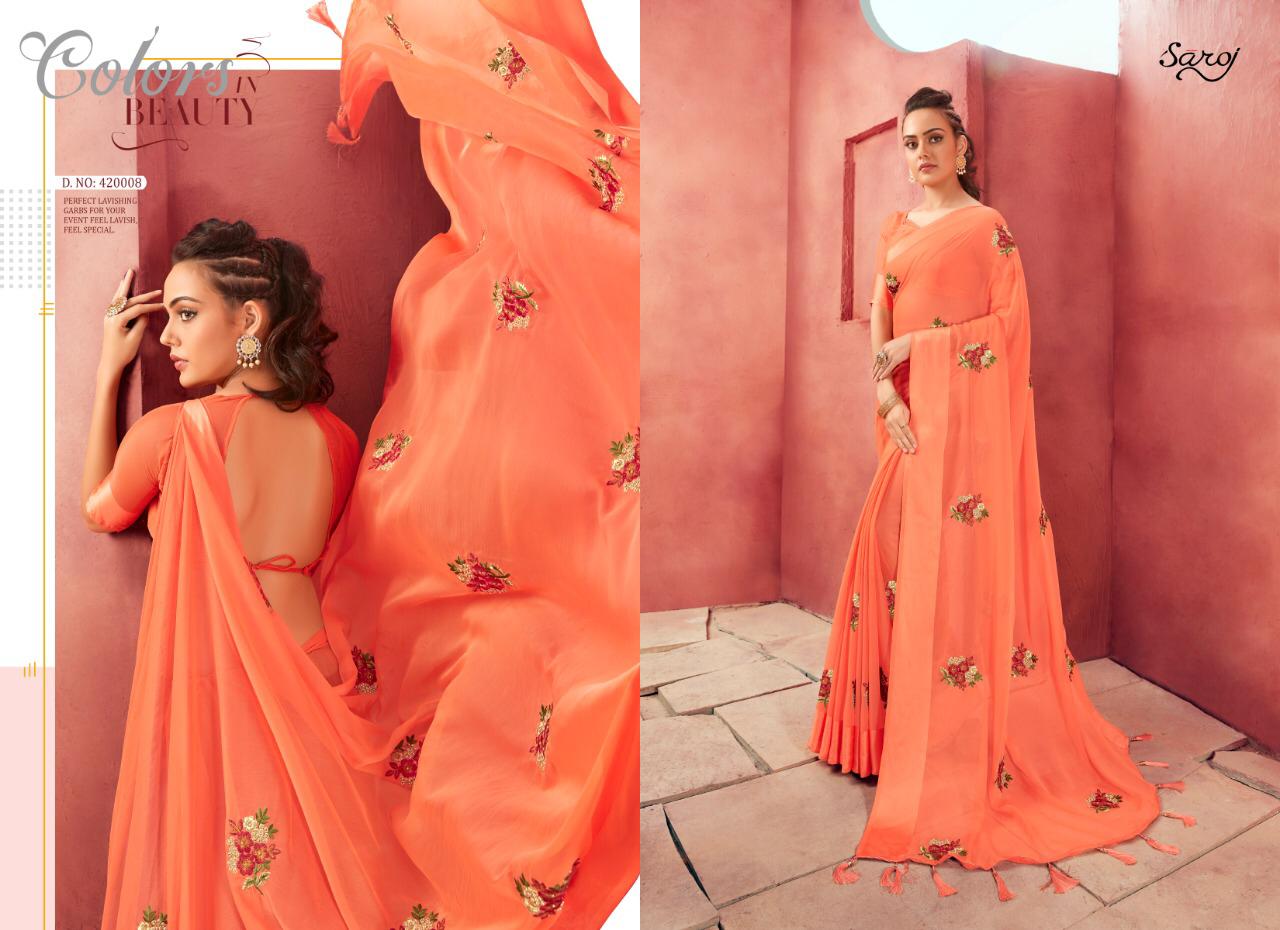 Saroj By Madhavi Chiffon Satin Designer Party Wear Saree Catalogue