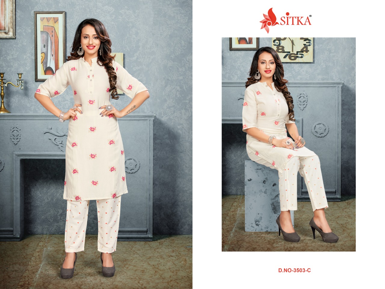 Sitka Present 3503 White Rayon Kurti With Pant Collection.