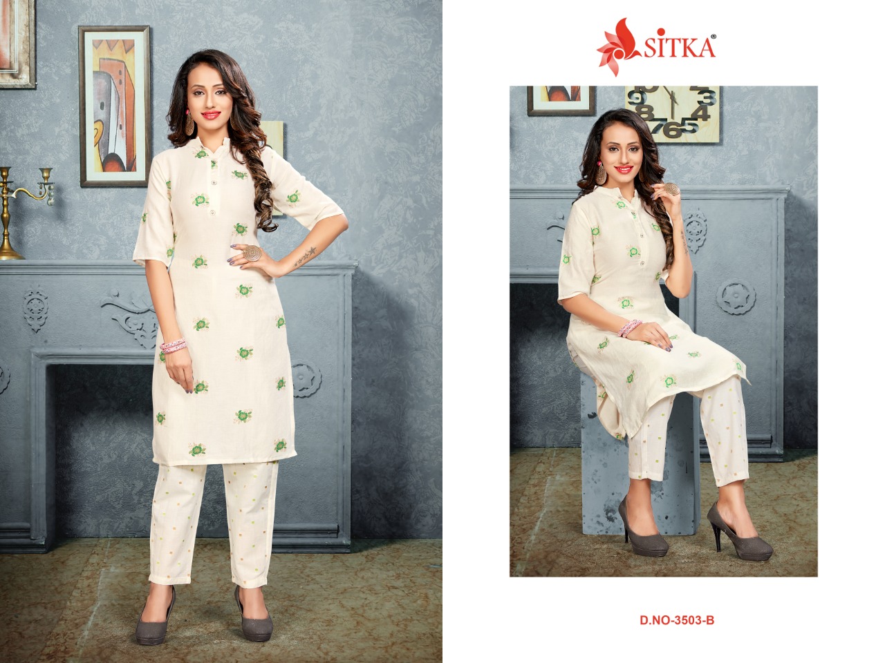 Sitka Present 3503 White Rayon Kurti With Pant Collection.
