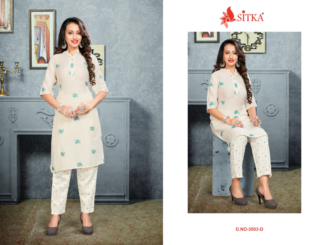 Sitka Present 3503 White Rayon Kurti With Pant Collection.