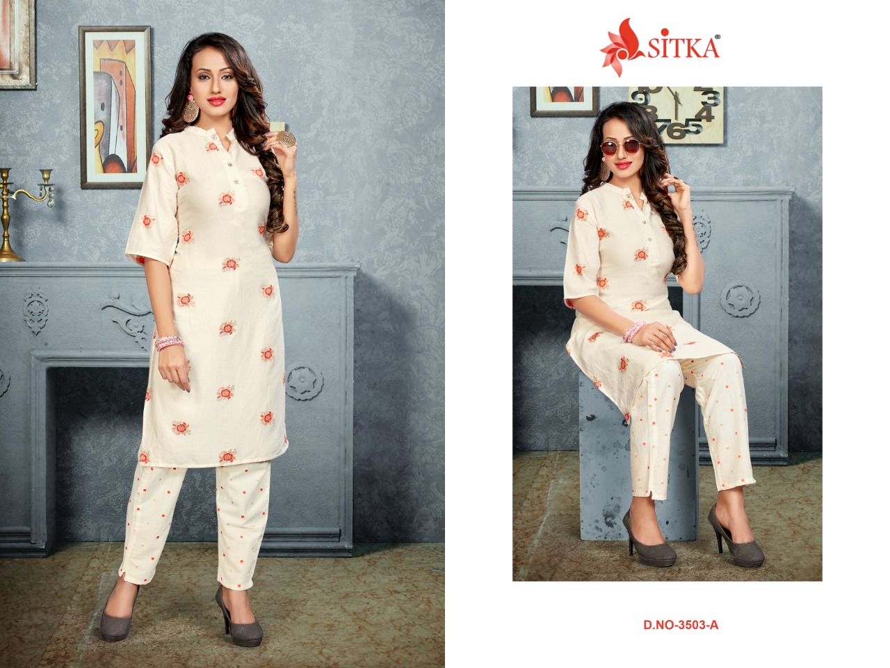 Sitka Present 3503 White Rayon Kurti With Pant Collection.