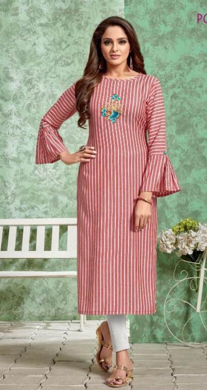 Poonam By Strip Rayon Striped Casual Wear Kurtis Catalogue