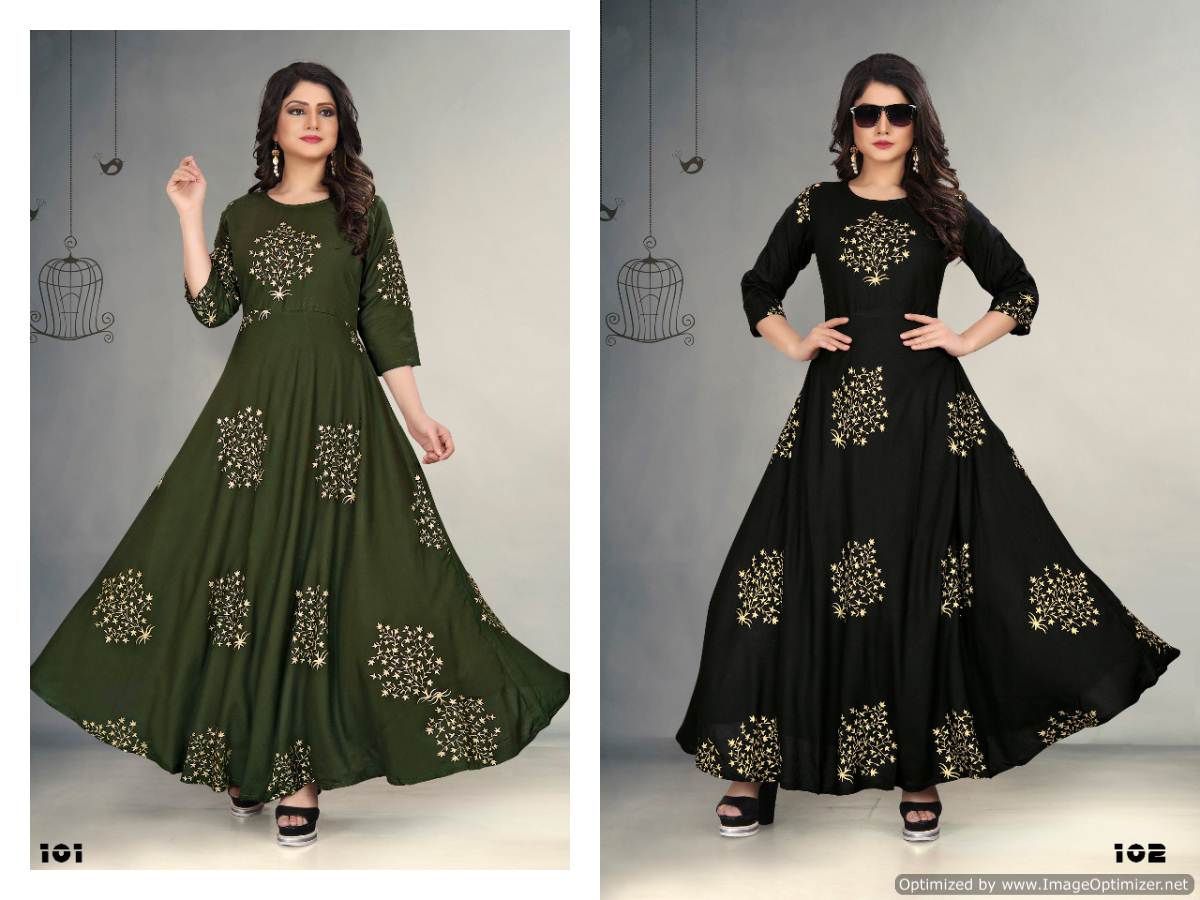 Gallberry Presents Foil Tree Rayon Round Flair Kurti Collection
