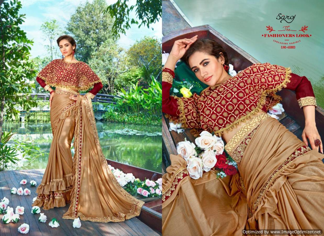 Saroj Present Hunny Bunny Heavy Lycra Designer Frill Saree Catalogue.