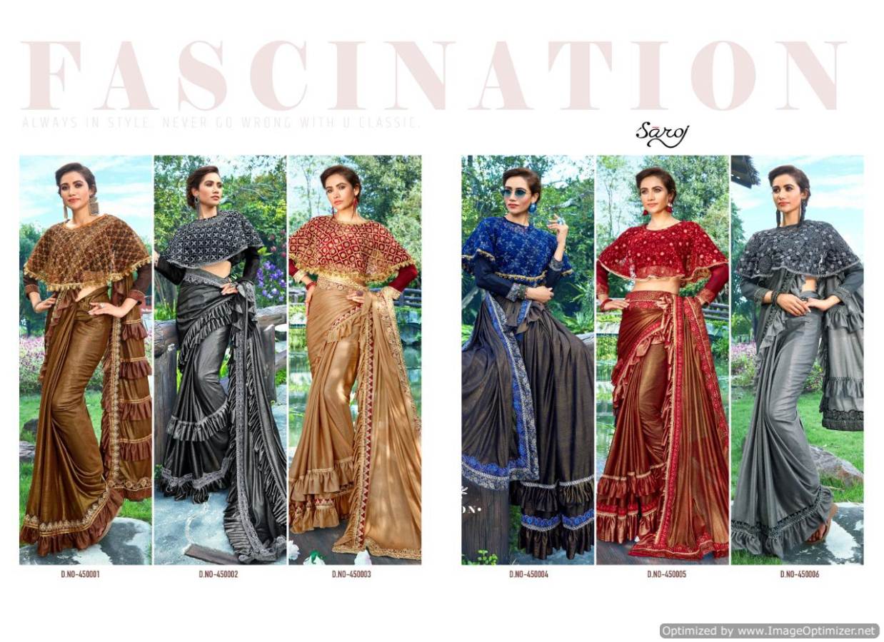 Saroj Present Hunny Bunny Heavy Lycra Designer Frill Saree Catalogue.