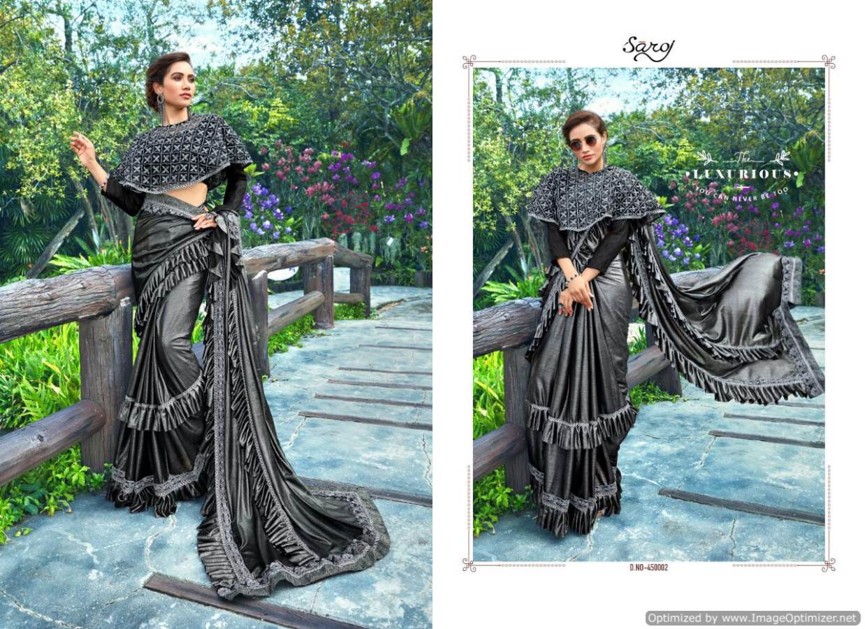 Saroj Present Hunny Bunny Heavy Lycra Designer Frill Saree Catalogue.