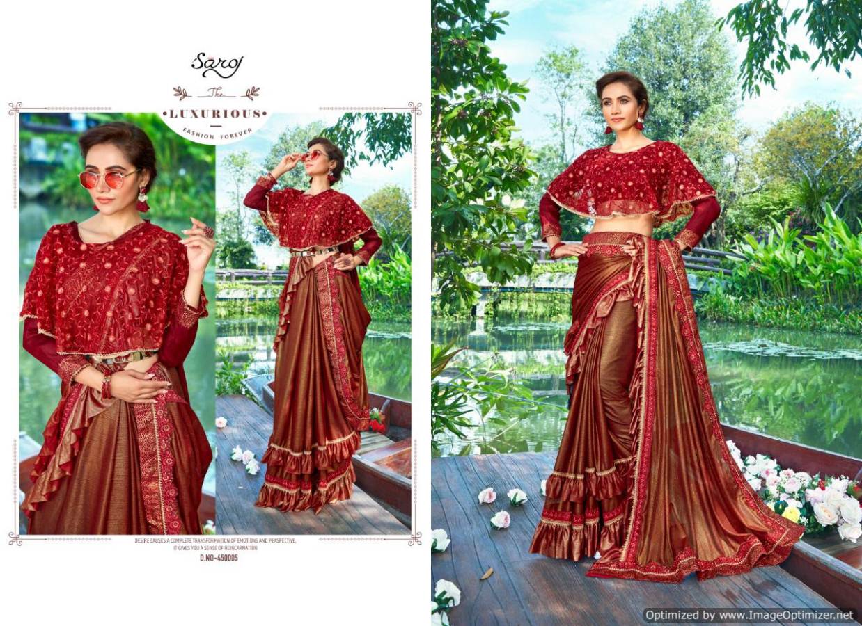 Saroj Present Hunny Bunny Heavy Lycra Designer Frill Saree Catalogue.