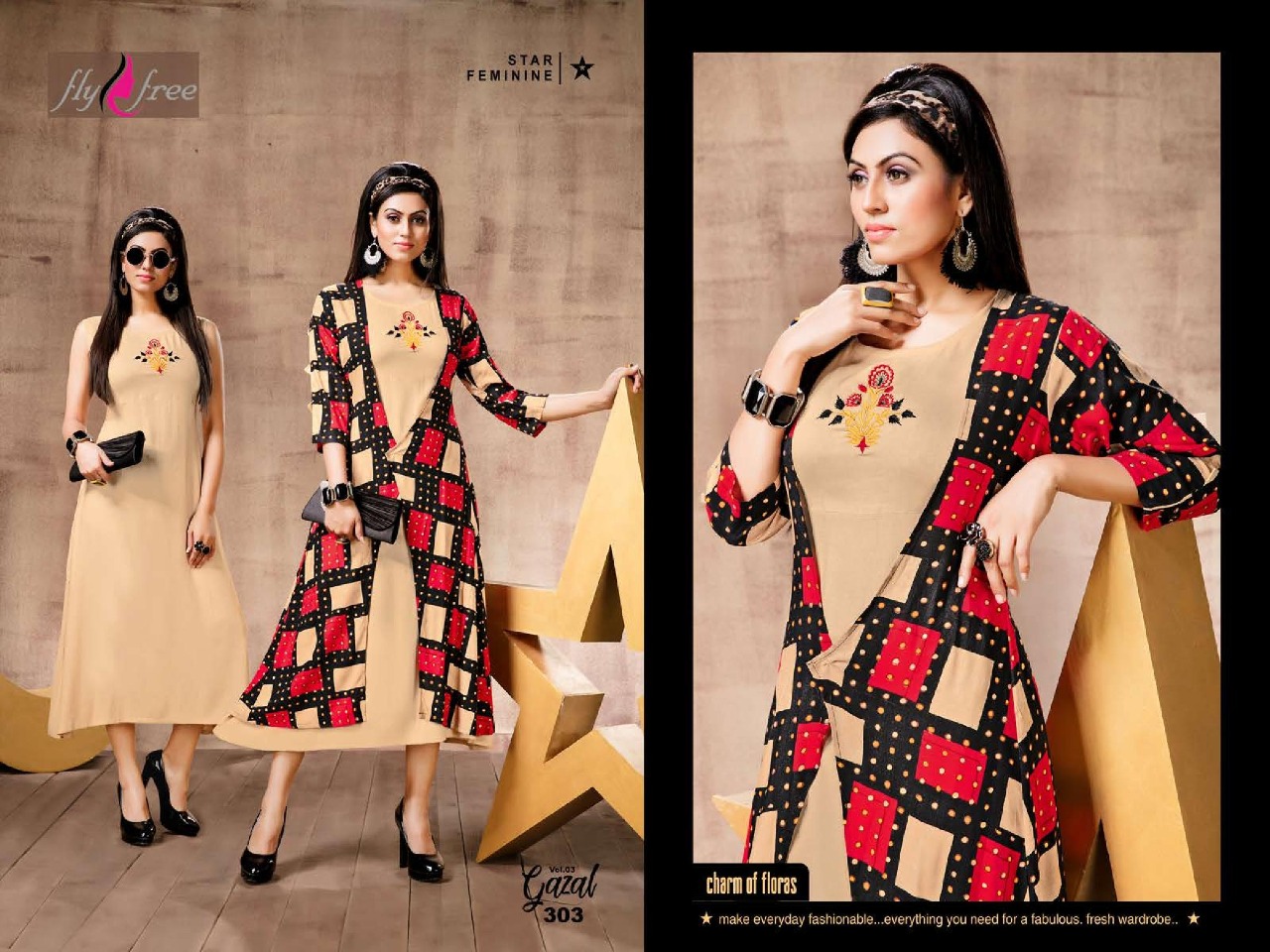Fly Free Presents Gazal 3 Heavy Rayon Plain And Printed Kurti
