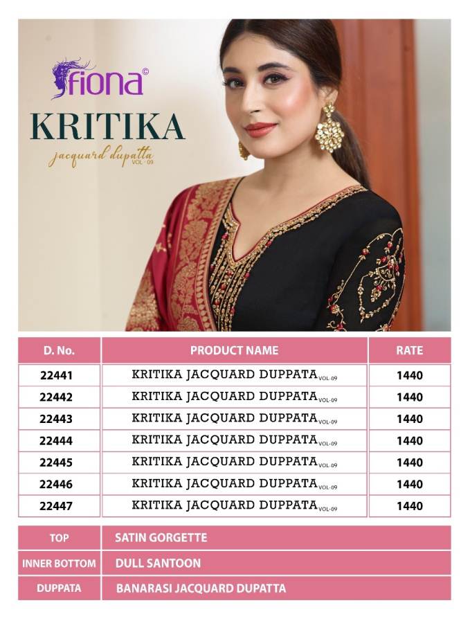 Fiona Presents Kritika Jacquard Dupatta 9 Satin Georgette Embroidered Salwar Suits