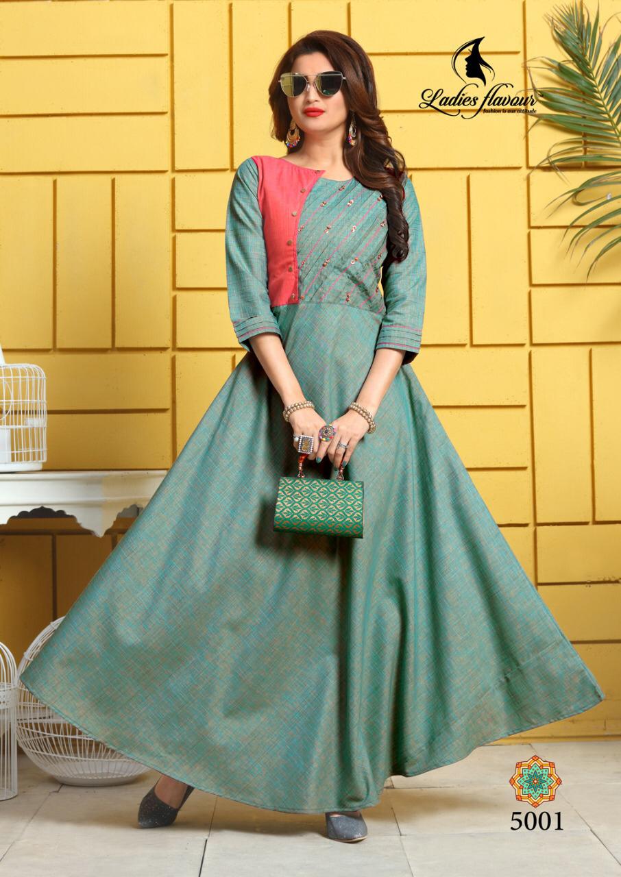 Ladies Flavour Present Kesari Gown Types Party Wear Kurtis Collection.
