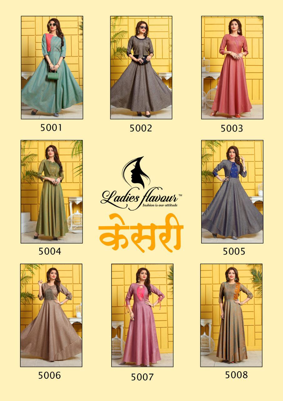 Ladies Flavour Present Kesari Gown Types Party Wear Kurtis Collection.
