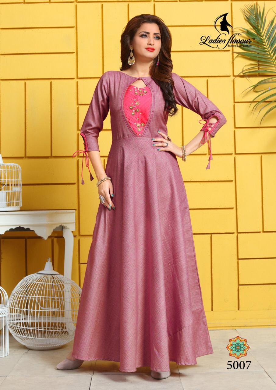 Ladies Flavour Present Kesari Gown Types Party Wear Kurtis Collection.