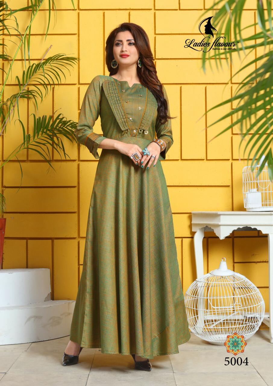 Ladies Flavour Present Kesari Gown Types Party Wear Kurtis Collection.