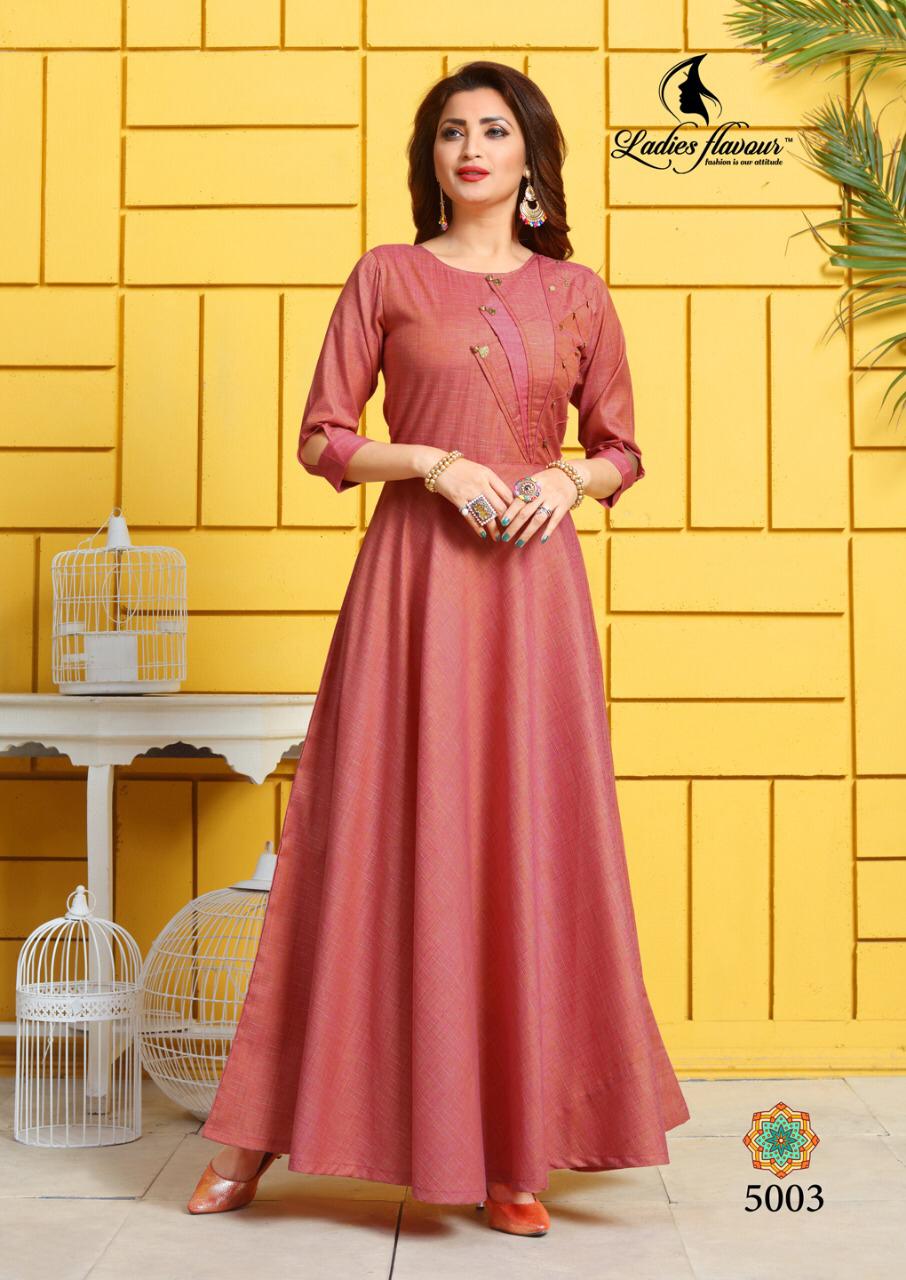 Ladies Flavour Present Kesari Gown Types Party Wear Kurtis Collection.