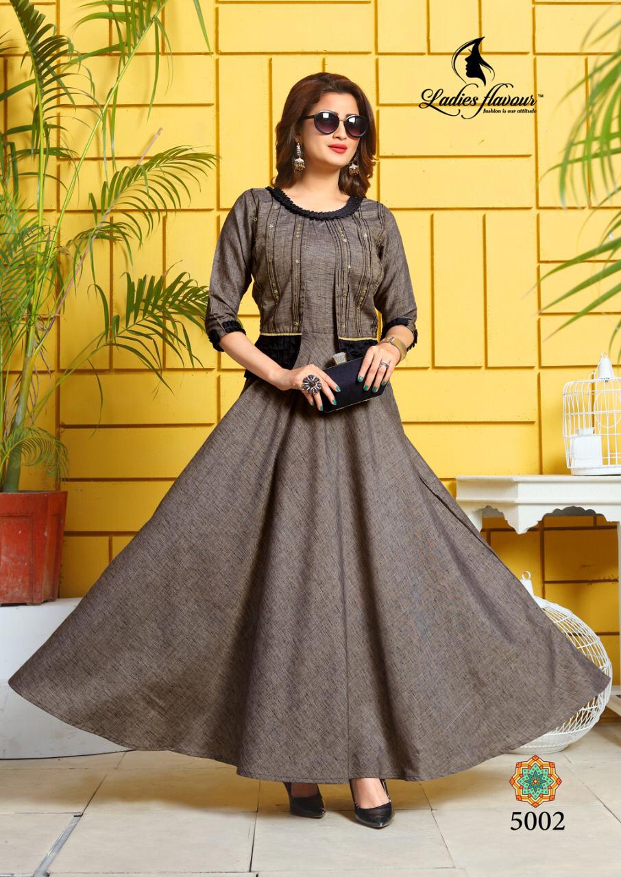 Ladies Flavour Present Kesari Gown Types Party Wear Kurtis Collection.