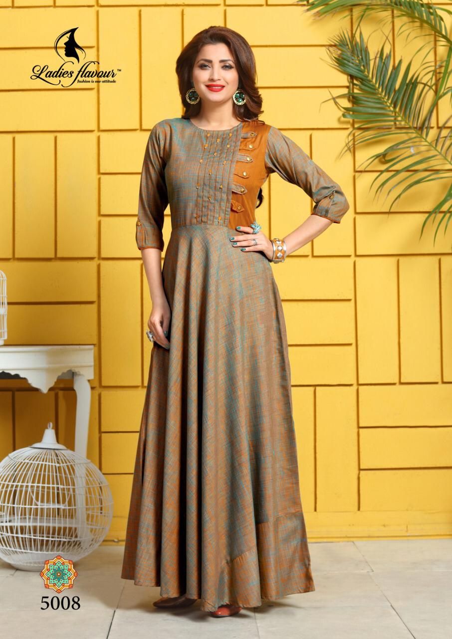 Ladies Flavour Present Kesari Gown Types Party Wear Kurtis Collection.