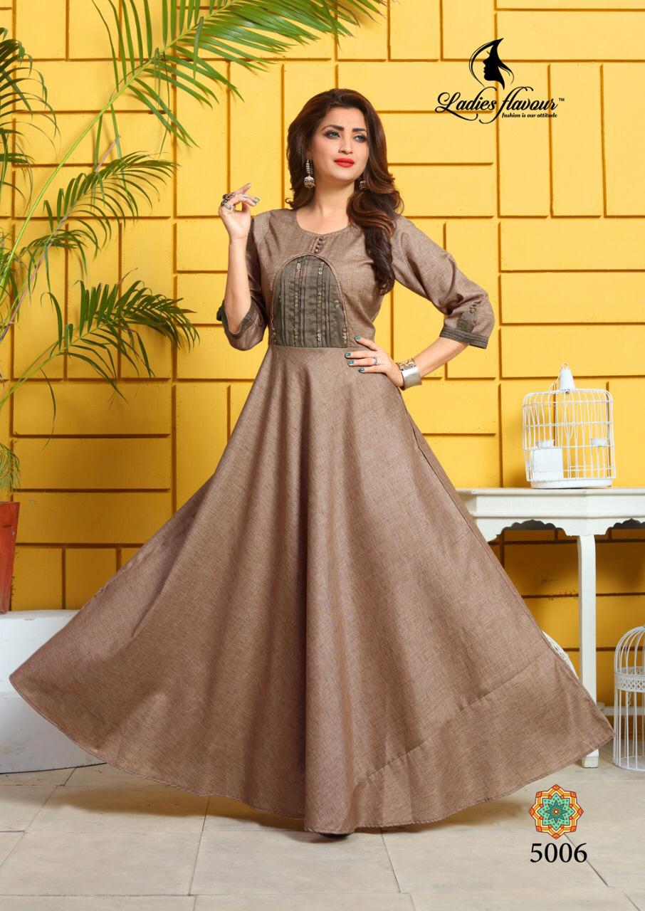 Ladies Flavour Present Kesari Gown Types Party Wear Kurtis Collection.