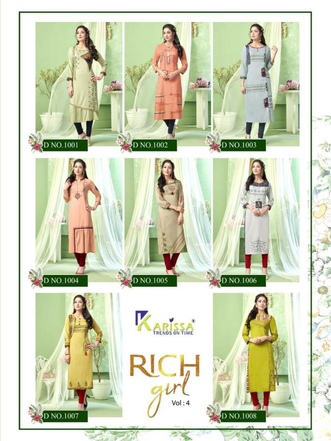 Karissa Presents Rich Girl 4 Collection Of Heavy Rayon Fancy Work With Print Straight-cut Kurtis