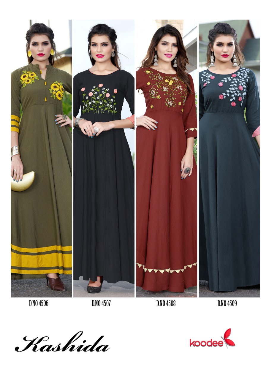 Koodee Present Kashida Long Gown Types Kurtis Catalogue.