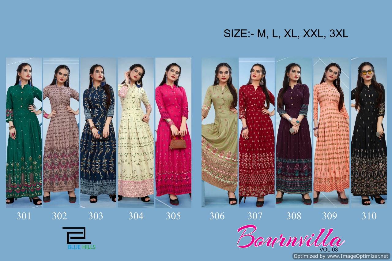 Blue Hills Presents Bournvilla 3 Collection Of Rayon Dramatic Printed Long Round Kurtis