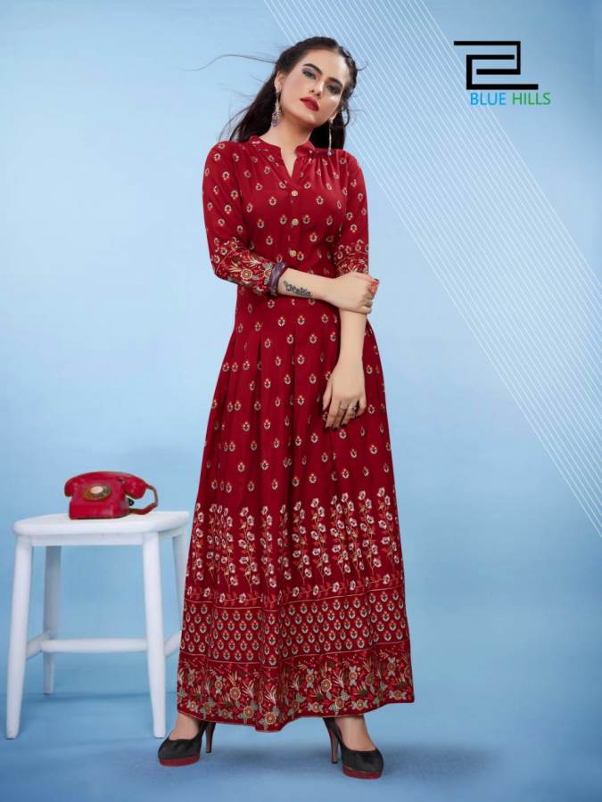 Blue Hills Presents Bournvilla 3 Collection Of Rayon Dramatic Printed Long Round Kurtis