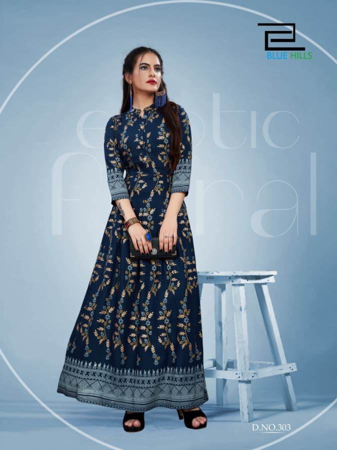 Blue Hills Presents Bournvilla 3 Collection Of Rayon Dramatic Printed Long Round Kurtis