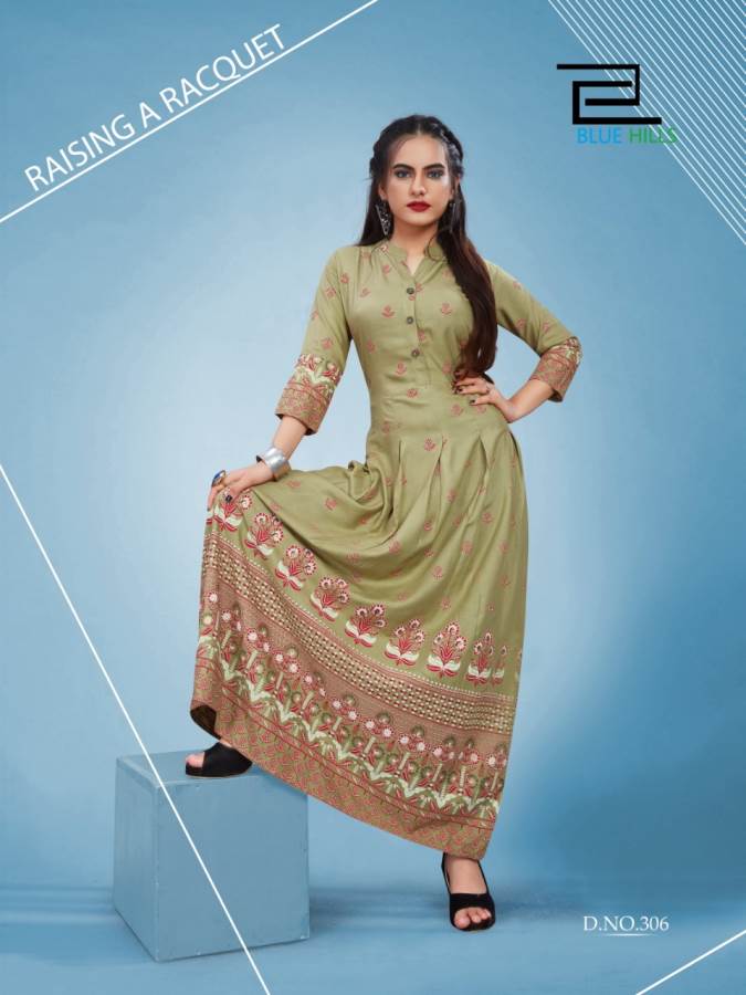 Blue Hills Presents Bournvilla 3 Collection Of Rayon Dramatic Printed Long Round Kurtis