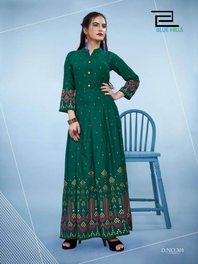 Blue Hills Presents Bournvilla 3 Collection Of Rayon Dramatic Printed Long Round Kurtis