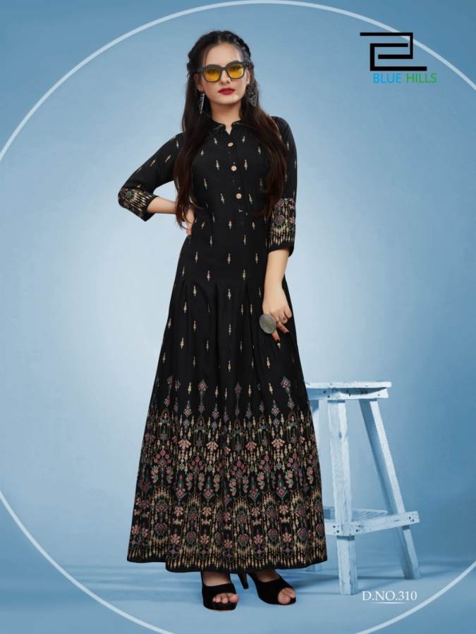 Blue Hills Presents Bournvilla 3 Collection Of Rayon Dramatic Printed Long Round Kurtis