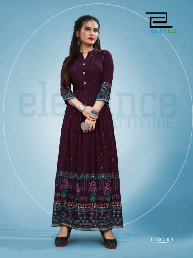 Blue Hills Presents Bournvilla 3 Collection Of Rayon Dramatic Printed Long Round Kurtis