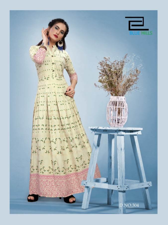 Blue Hills Presents Bournvilla 3 Collection Of Rayon Dramatic Printed Long Round Kurtis