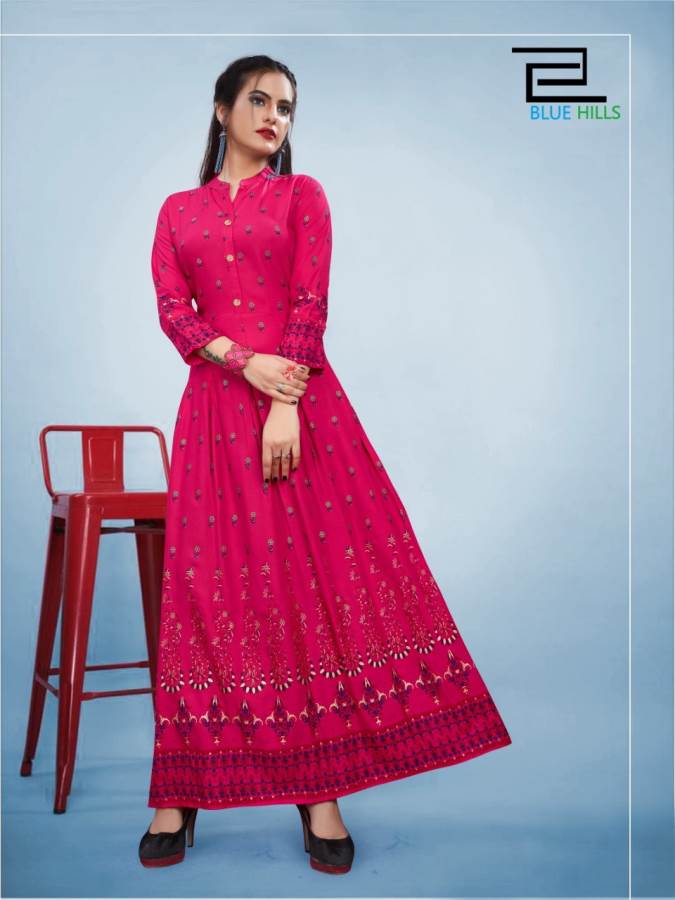 Blue Hills Presents Bournvilla 3 Collection Of Rayon Dramatic Printed Long Round Kurtis