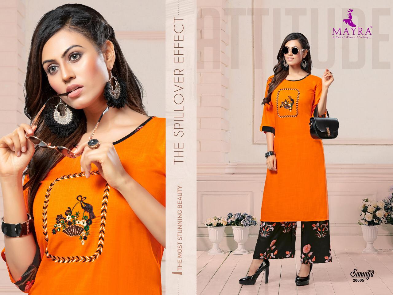 Mayra Presents Samaya 3 Embroidered Rayon Kurti With Printed Plazo