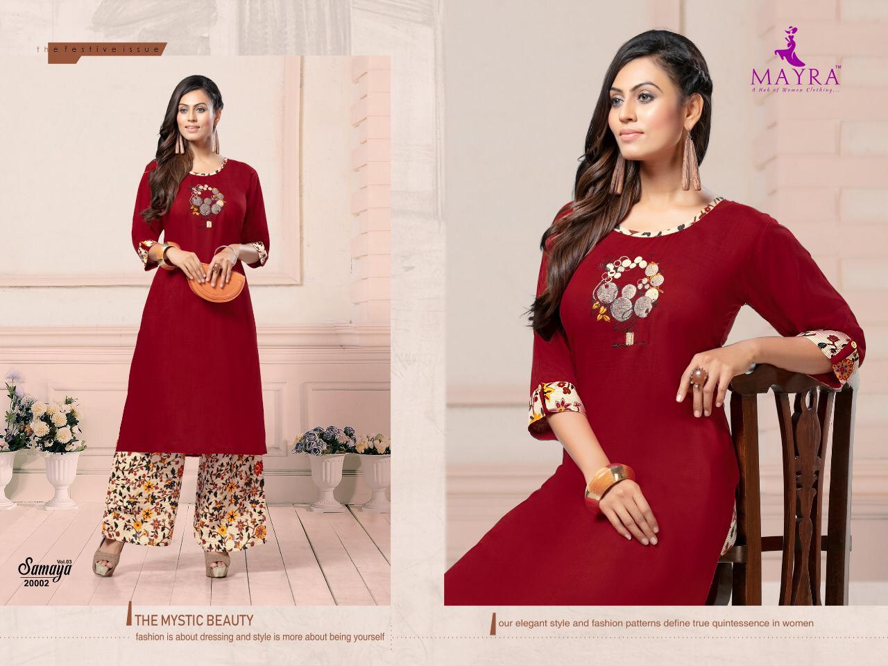 Mayra Presents Samaya 3 Embroidered Rayon Kurti With Printed Plazo