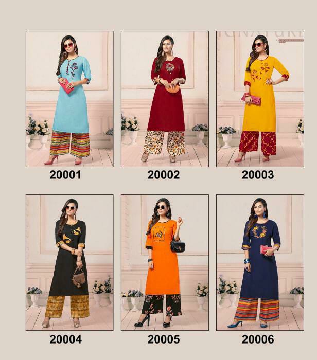 Mayra Presents Samaya 3 Embroidered Rayon Kurti With Printed Plazo