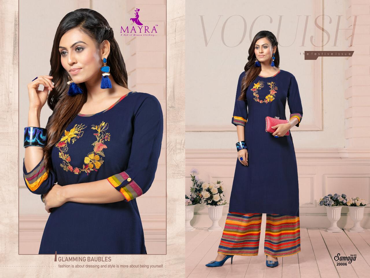 Mayra Presents Samaya 3 Embroidered Rayon Kurti With Printed Plazo