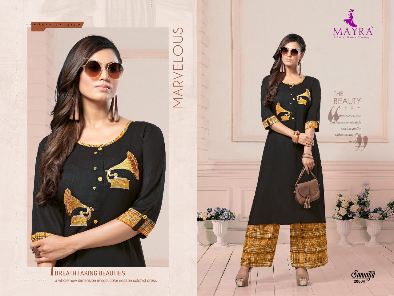 Mayra Presents Samaya 3 Embroidered Rayon Kurti With Printed Plazo