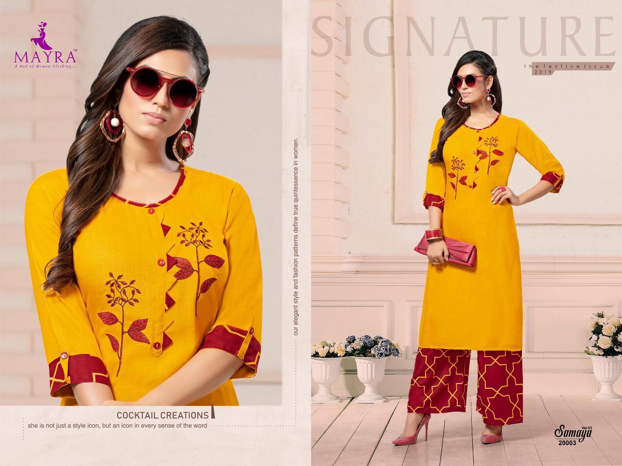 Mayra Presents Samaya 3 Embroidered Rayon Kurti With Printed Plazo