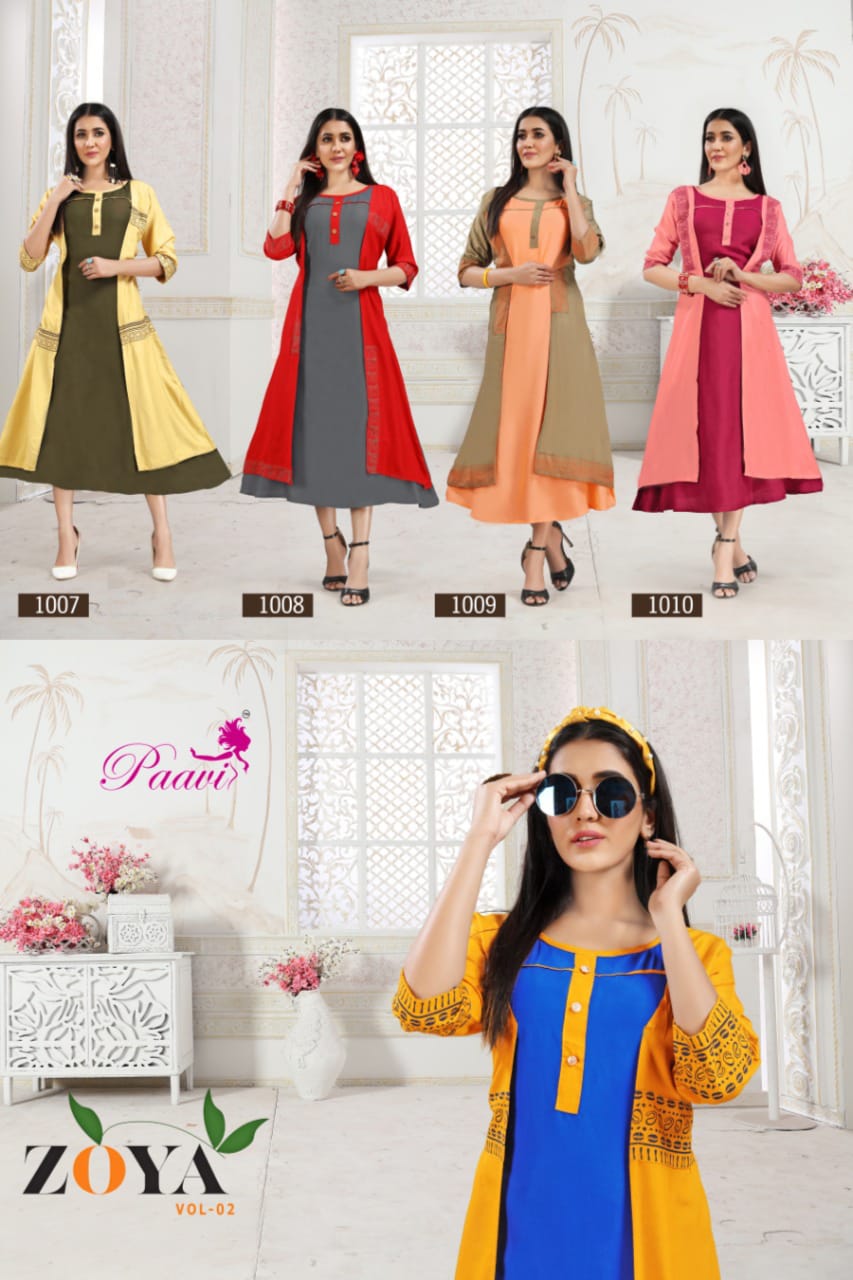 Paavi Presents Zoya 2 Collection Of Heavy Rayon Kurti With Attach Koti