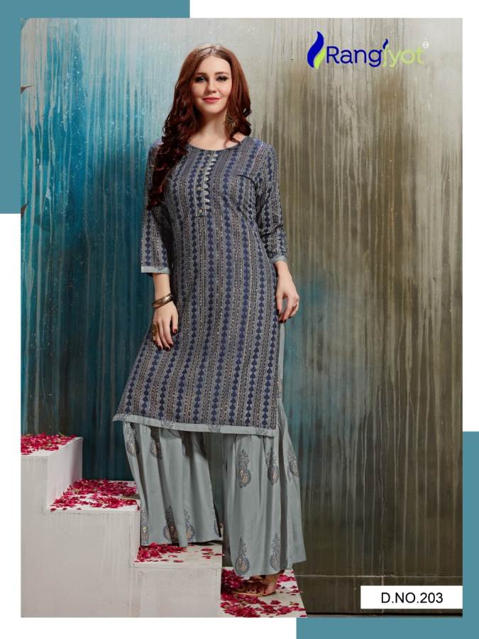 Rangjyot Presents Nagma 2 Collection Of Heavy Rayon Printed Kurtis With Sharara