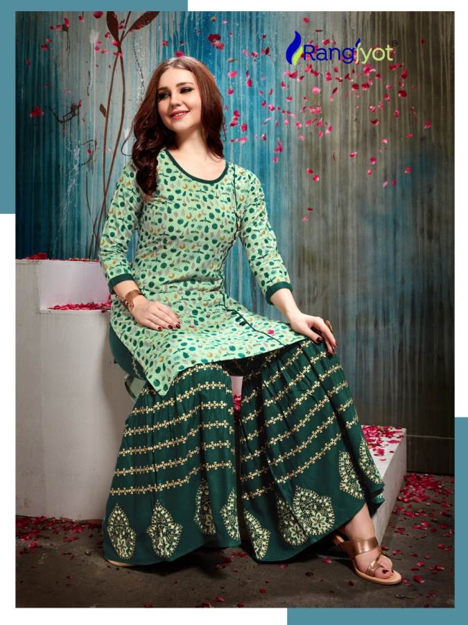 Rangjyot Presents Nagma 2 Collection Of Heavy Rayon Printed Kurtis With Sharara
