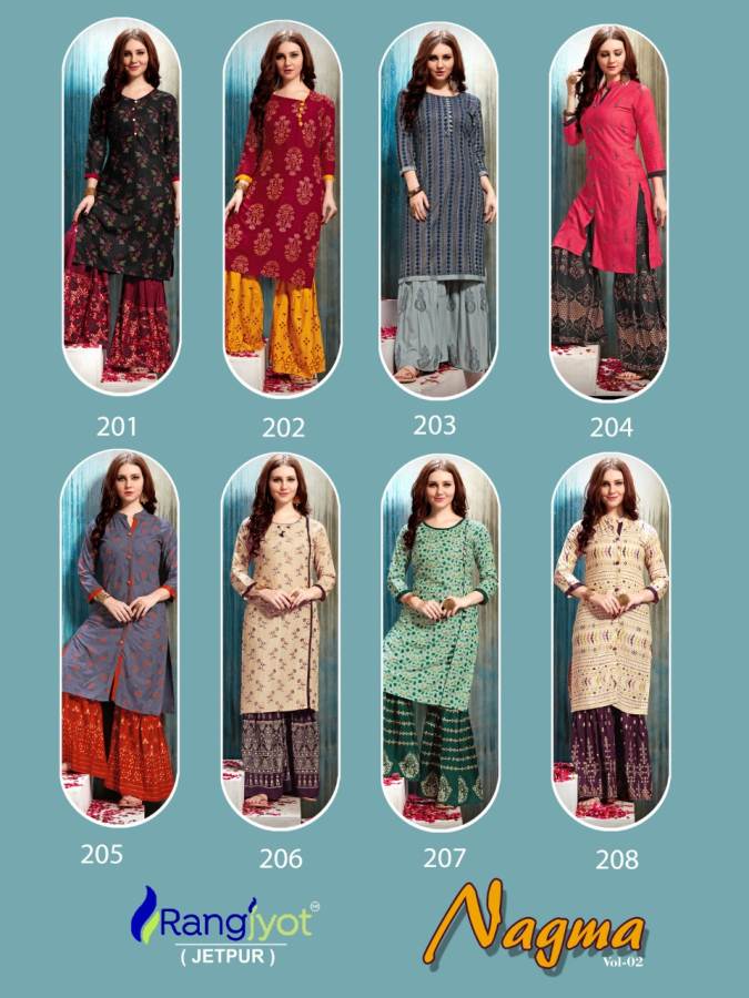 Rangjyot Presents Nagma 2 Collection Of Heavy Rayon Printed Kurtis With Sharara