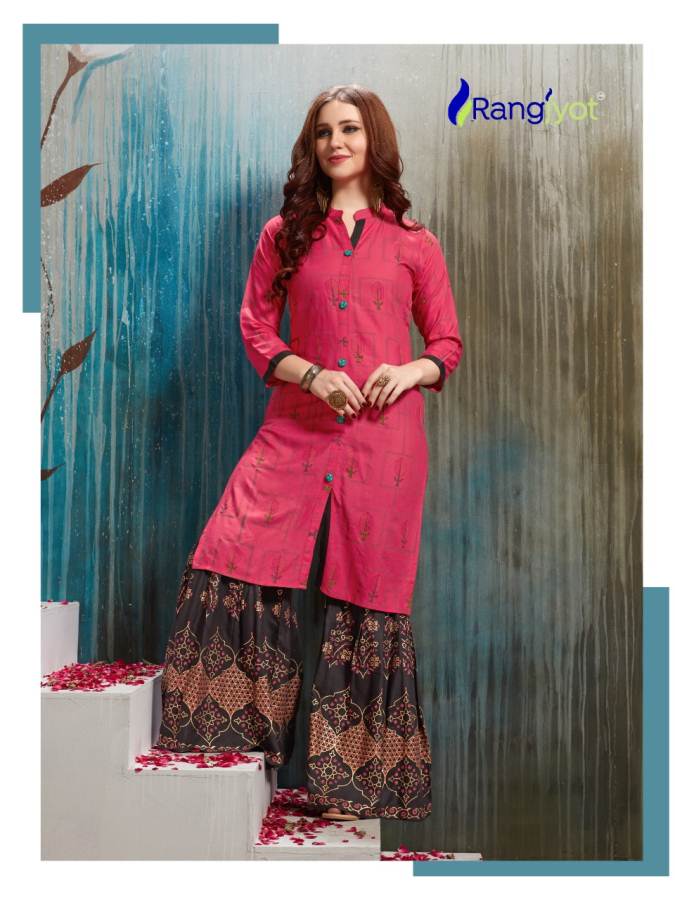 Rangjyot Presents Nagma 2 Collection Of Heavy Rayon Printed Kurtis With Sharara