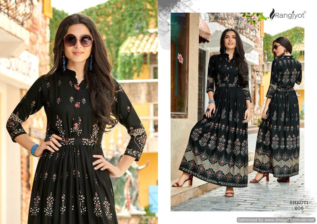 Rangjyot Presents Shruti 206 Collection Of Heavy Rayon Printed Traditional Kurtis