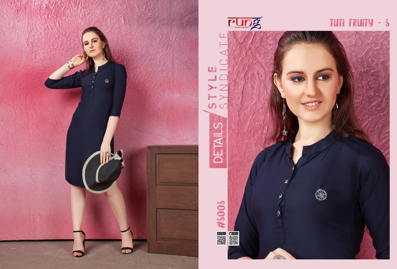 Rung Presents Tuti Fruti Vol 5 Collection Of Rayon Plain Casual Kurtis