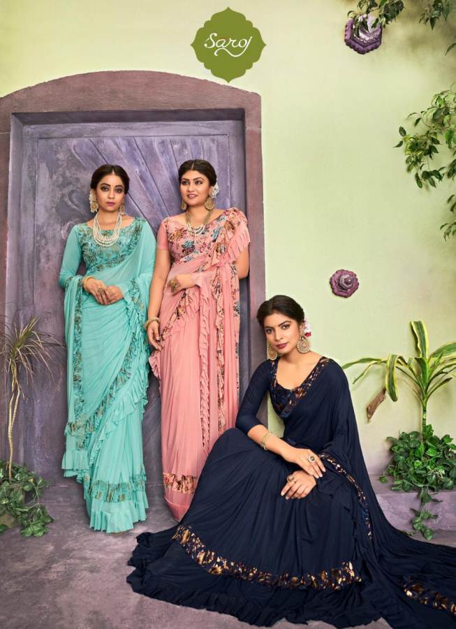 Saroj Presents Merie Gold Lycra Frill Designer Sarees