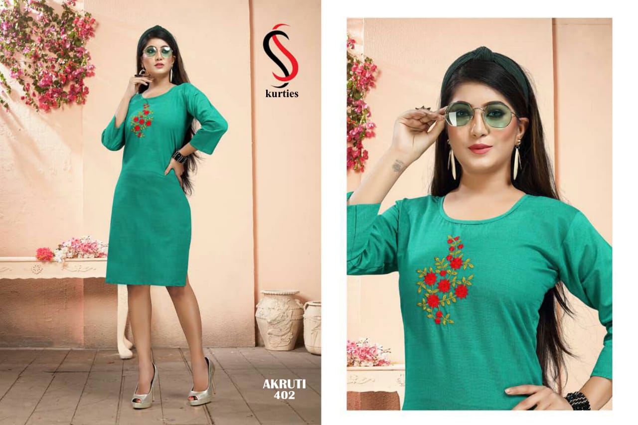 Ss Presents Akruti 4 Pure Cotton Self Embroidered Casual Kurtis