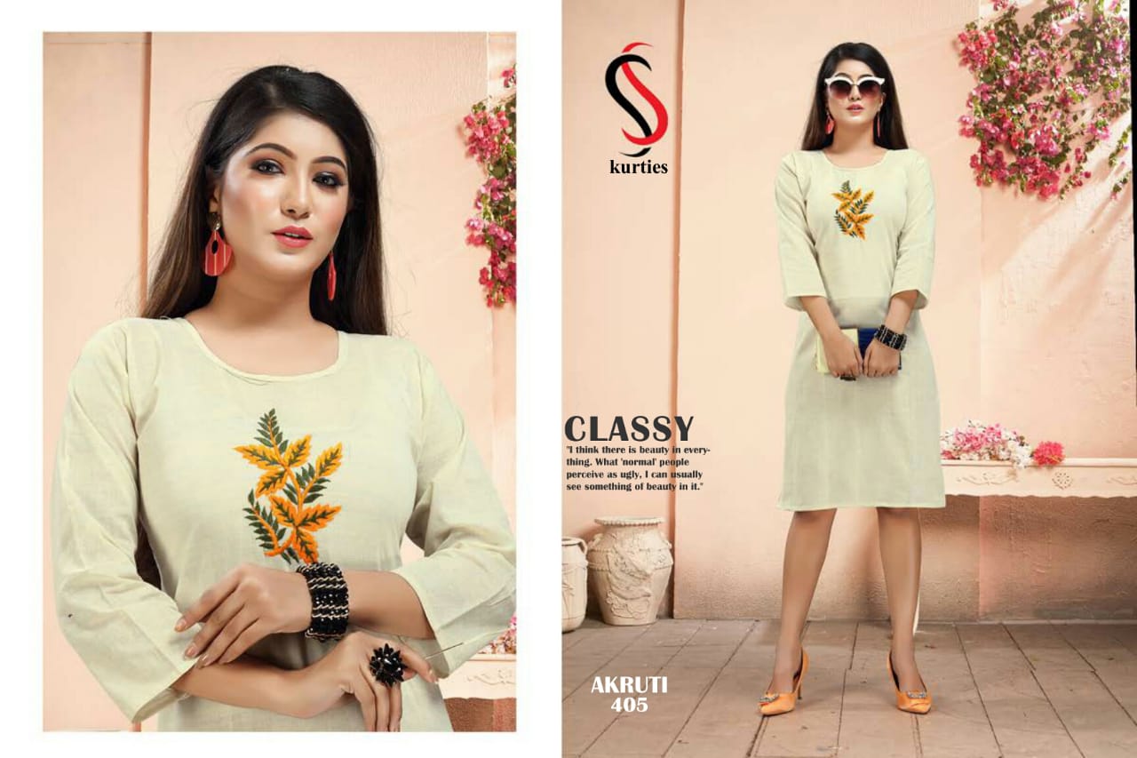 Ss Presents Akruti 4 Pure Cotton Self Embroidered Casual Kurtis