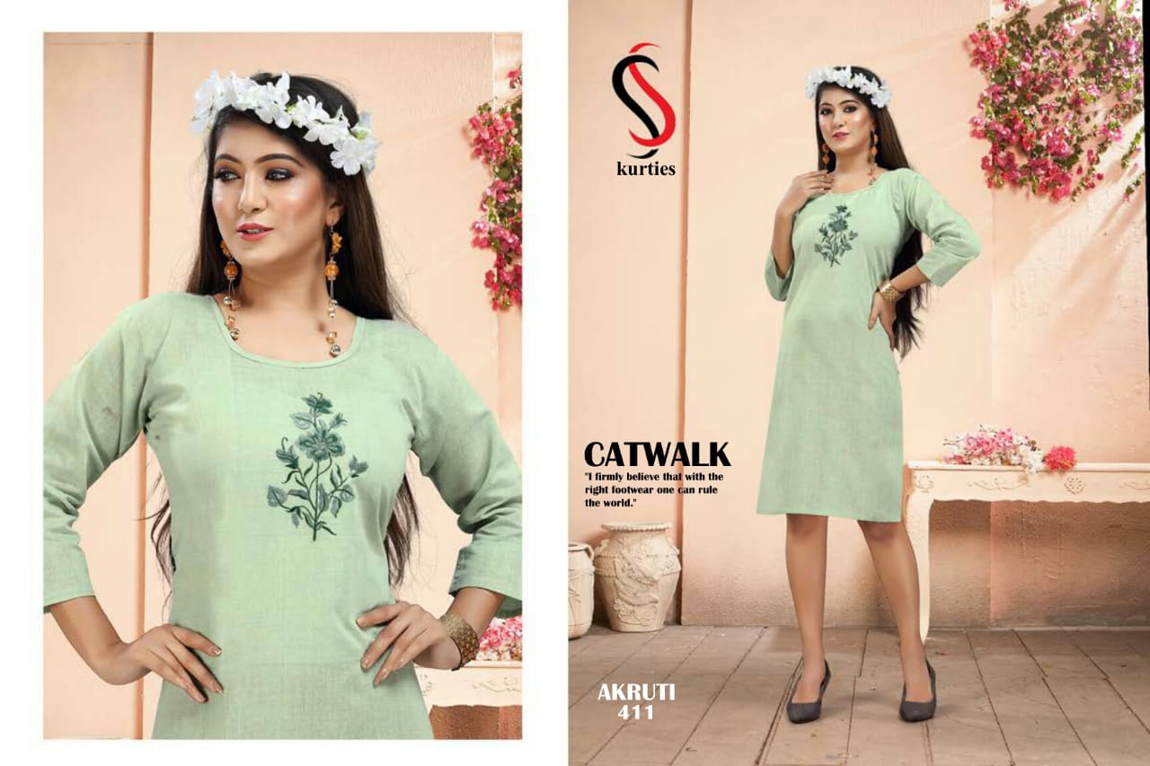 Ss Presents Akruti 4 Pure Cotton Self Embroidered Casual Kurtis