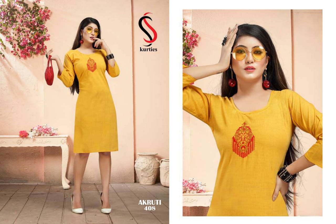 Ss Presents Akruti 4 Pure Cotton Self Embroidered Casual Kurtis